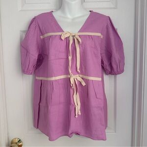 GeeGee Lavender Babydoll Top Medium Linen Blend Self-Tie Front Made in USA